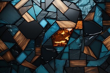 Poster - Abstract mosaic pattern with wood, glass and stone elements.