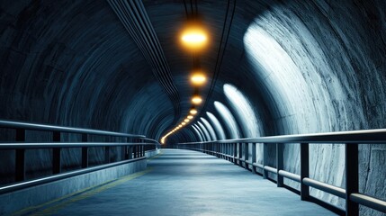 Poster - Dark tunnel with lights illuminating the pathway, atmospheric and mysterious setting.