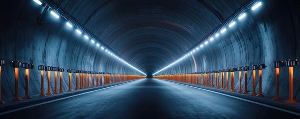 Poster - Dark tunnel with illuminated walls and road, perspective view, clean lines.