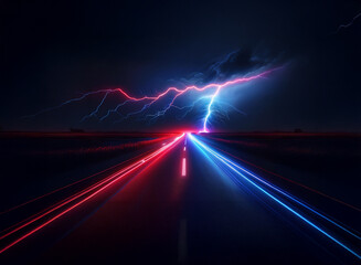 Poster - A long straight road stretches out in front of a dark, ominous sky.  Lightning strikes in the distance, casting an eerie glow over the road.  Light streaks from a speeding car on either side of the ro