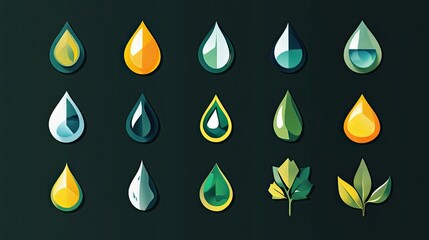 Poster - Colorful Water Drops and Leaves Collection Featuring Various Shapes and Shades on a Dark Green Background for Nature-Inspired Design Elements