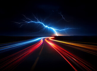 Poster - A long, straight road is illuminated by the headlights of speeding vehicles. A lightning bolt streaks across the dark sky.