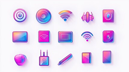 Poster - Vibrant Collection of Colorful Icons Representing Technology and Connectivity in a Modern Aesthetic with Gradient Effects and Glossy Finishes