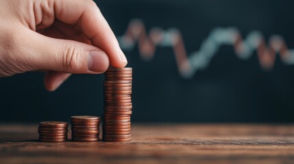 A hand stacking coins, symbolizing savings and investment, with a blurred graph in the background indicating financial growth.