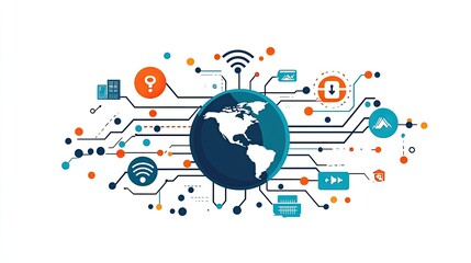 Poster - Conceptual illustration of a global network connecting various technology icons with the Earth at the center, representing data exchange and digital communication in a modern world