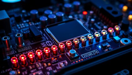 Poster - A close-up of a computer motherboard wallpaper with intricate components and glowing LEDs, highlighting the inner workings of technology.