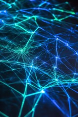 Poster - abstract digital network visualization with blue and green lines representing connections and data f