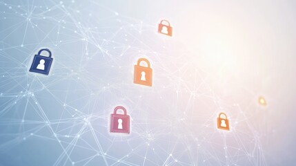 Poster - Abstract digital security network with vibrant padlock icons and interconnected lines symbolizing data protection and online safety in a modern environment