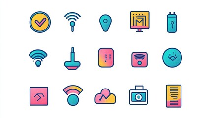 Poster - Vibrant and Modern Icons Representing Technology, Connectivity, and Digital Services in Flat Design Style for Creative Projects and Illustrations