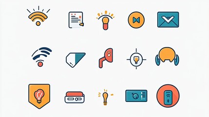 Poster - Collection of Colorful Flat Icons Representing Modern Technology and Communication Concepts Including Wi-Fi, Data, Notification, and Smart Features