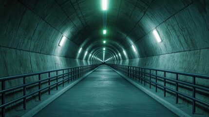 Poster - Long tunnel with green lights, concrete walls, and railing, leading into darkness.