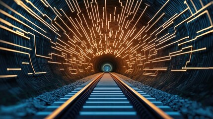 Poster - Futuristic tunnel with glowing lights and train tracks, leading into a vibrant abyss.