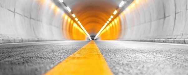 Poster - Perspective view of a tunnel with bright lights and yellow lines on the road.