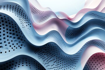 Poster - Abstract wavy background with blue and pink gradient and black polka dots.