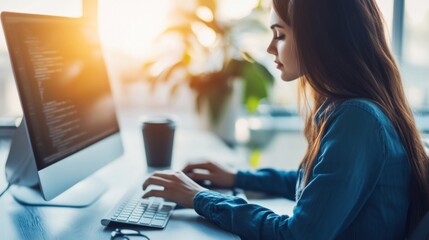 Poster - A woman is sitting at a desk with a computer monitor and a cup of coffee