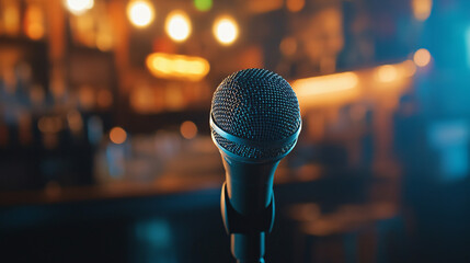 Poster - Blurred bar in the background of a stage with a microphone, setting the scene for a night of live music and entertainment
