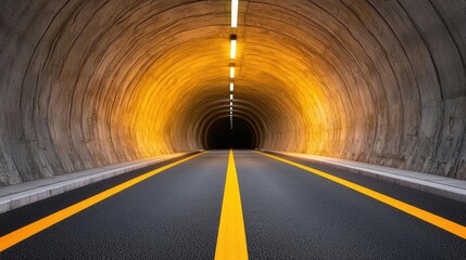 Poster - View of a road inside a concrete tunnel illuminated by yellow lights.