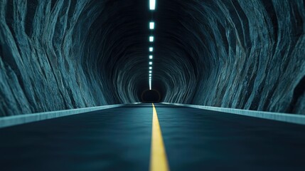 Poster - Dark tunnel road with glowing lights, perspective view with yellow line.