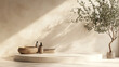 © RaverG - Minimalist product display with a wooden bowl, bottles, and olive tree against a beige wall.