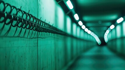 Poster - Abstract view of a long, illuminated green tunnel with hooks on the wall
