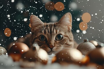 Curious cat gazes intently amidst glittering ornaments and falling snowflakes in a cozy holiday setting