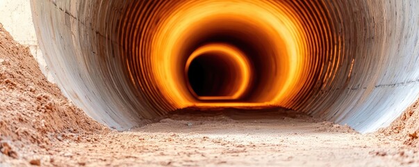 Poster - View inside a large tunnel with glowing light at the end, showcasing industrial design.