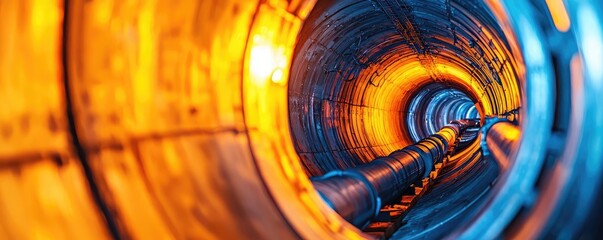 Poster - Vibrant tunnel view with illuminated pipes, abstract industrial design.