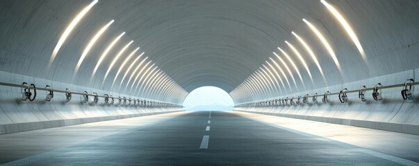 Poster - Modern tunnel with glowing lights, leading to bright exit, isolated on white background.