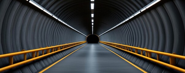 Poster - Futuristic tunnel view with yellow railing and bright lights.