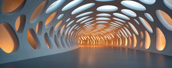 Poster - Futuristic tunnel with ambient lighting and unique wall patterns.
