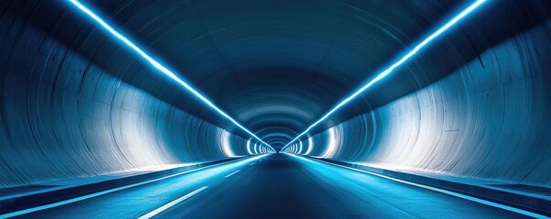 Poster - Futuristic tunnel with blue neon lights and a straight path ahead.