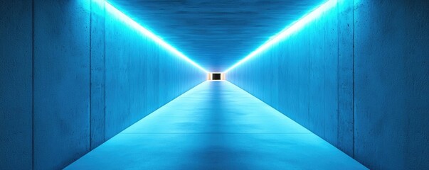Poster - Futuristic corridor with glowing blue lights and minimalist concrete design.