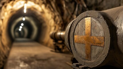 Poster - Industrial tunnel with pipes, dimly lit, conveying a sense of depth and mystery.