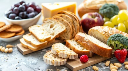 Wall Mural - A variety of foods, including bread, fruit, and vegetables, are arranged on a table.