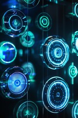 Poster - futuristic circular designs with neon lights and high-tech elements, abstract background of blue and