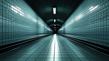 Poster - Empty subway tunnel with glossy tiles and fluorescent lights, dark at the far end.