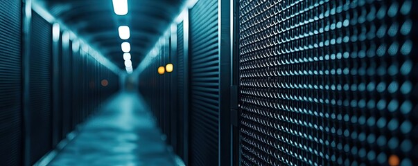 Poster - Server room corridor illuminated by blue light with dark storage units.