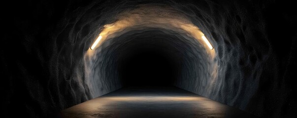 Poster - Dark tunnel interior with soft lighting and textured walls, mysterious atmosphere.
