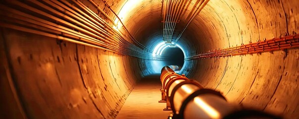 Poster - Illuminated tunnel with pipes and wires, perspective view, dramatic lighting.