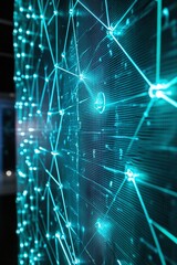 Poster - futuristic network visualization with bright blue lights and geometric patterns on a dark background