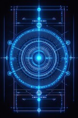Poster - futuristic technology concept with bright blue geometric patterns and circles on dark background rep