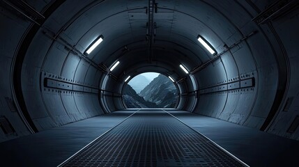 Aufkleber - Futuristic tunnel with soft lighting and rocky exterior view, dark and atmospheric.