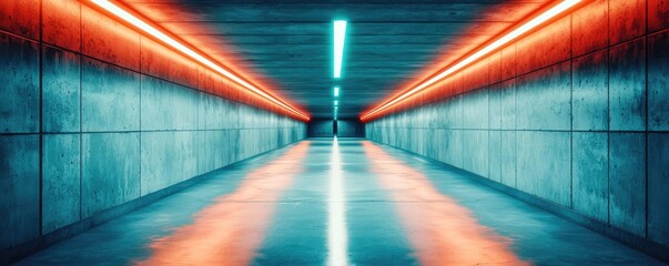 Aufkleber - Futuristic corridor with neon lights and concrete walls, modern urban aesthetic.