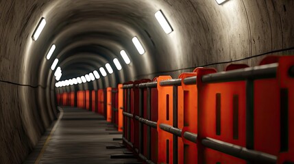 Poster - Tunnel interior with orange barriers and illuminated ceiling lights.