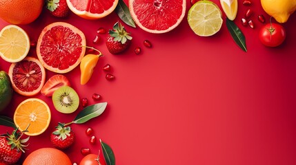 Wall Mural - A vibrant still life of various fruits and leaves arranged on a red background.