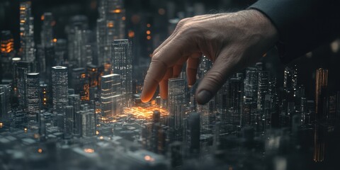 Poster - Businessman Interacting with Holographic City Model