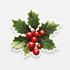 Wall Mural - a sticker of a detailed holly leaf with red berries, isolated on white background