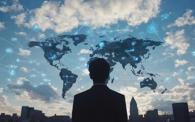 Poster - Businessman in Front of World Map with Connections