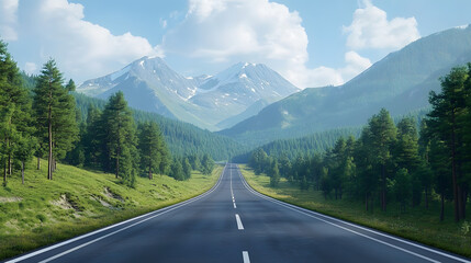 Wall Mural - Asphalt highway road and green forest with mountain natural landscape under blue sky : Generative AI
