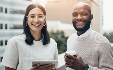 Portrait, outdoor and business people with tablet, coffee and smile with happiness, internet and New York, Urban town, employees and journalist with break, connection and email notification with app